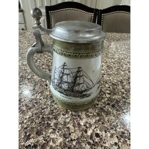 Vintage Marzi‎ & Remy Beer Stein W/Lid Green with 3 Sailing Ships Design